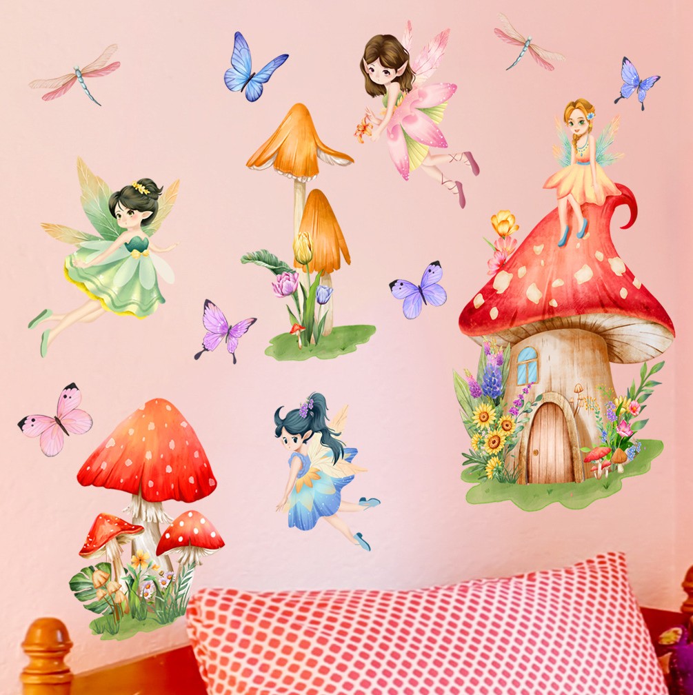 COVPAW Wandtattoo Wandaufkleber Pilz Elfe Engel Schmetterling Kinderzimmer Baby Kinderzimmer Schlafzimmer Deko Junge Mädchen, selbstklebend, entfernbar und wasserfest