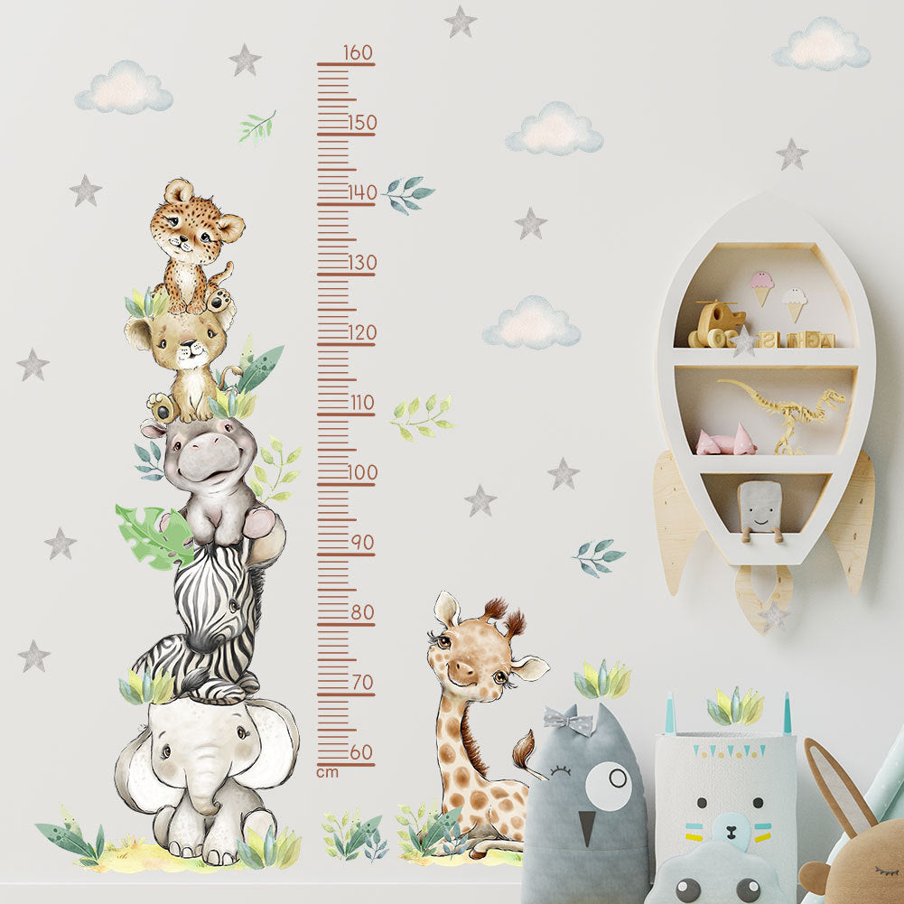 COVPAW Wall Stickers Height Measure Animal Tower Cloud Kids Nursery Baby Children's Room Bedroom Deco Boy Girl, Self Adhesive, Removable and Waterproof Giraffes, Elephants, Lions, Hippos, Zebras