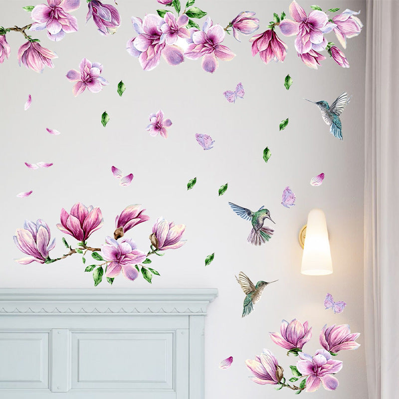 COVPAW Wandtattoo Wandaufkleber Magnolienblüten Blumenranken Vögel Wandbild Wandgemälde Natur Home Office Dekor Wohnzimmer Schlafzimmer Kinderzimmer Dekoration Selbstklebend, Abnehmbar und Wasserfest