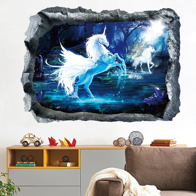 COVPAW Wall Sticker & Mural Unicorn Blue Light Home Decor Accent Living Room Bedroom Flower Wall Decal Corridor Stair Removable
