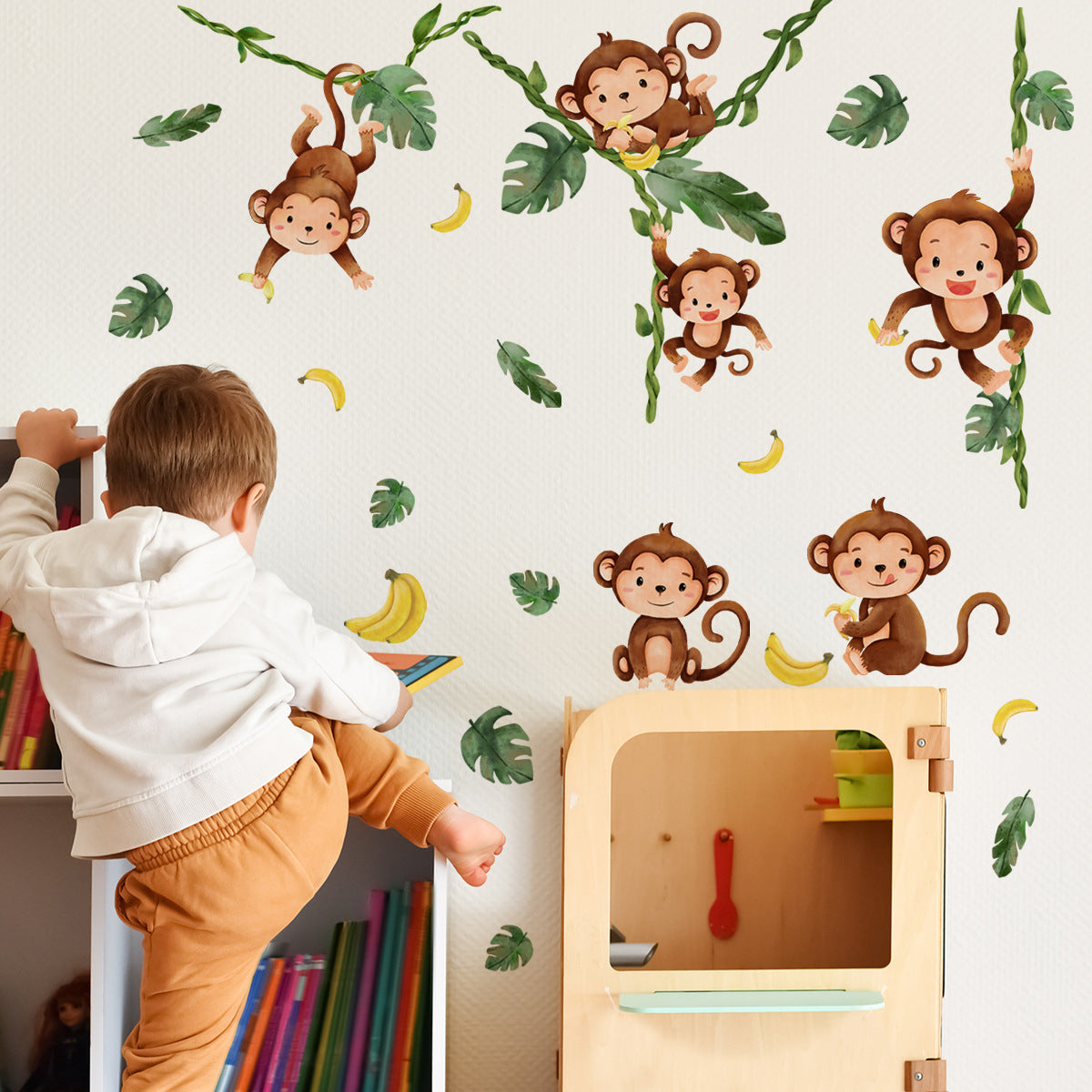 COVPAW Wall Stickers Monkeys Tree Vines Kids Nursery Baby Children's Room Bedroom Deco Boy Girl, Self Adhesive, Removable and Waterproof