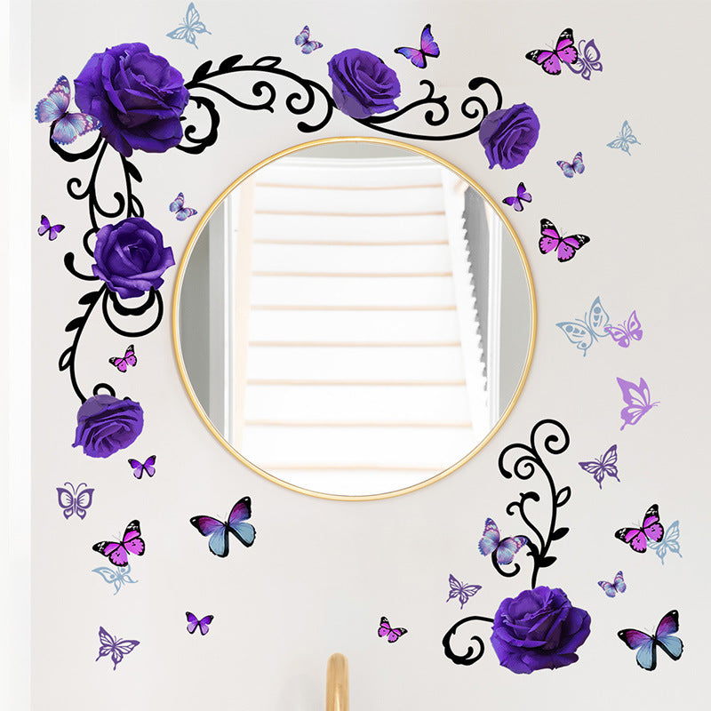COVPAW Wandtattoo Wandaufkleber, lila Rose, Blumenranke, Schmetterling, Heimdekoration, Natur, Wohnzimmer, Kinderzimmer, Schlafzimmer, Deko, selbstklebend, entfernbar und wasserfest