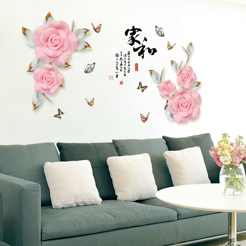 COVPAW Wall Sticker & Mural Rose Vine Pink Home Decor Accent Living Room Bedroom Flower Wall Decal Corridor Stair Removable