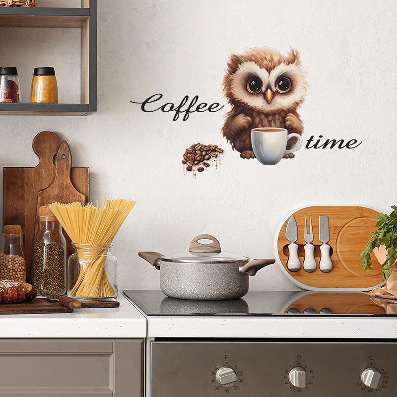 COVPAW Wandtattoo Wandaufkleber „Kaffee-EULE“, Café, Kaffeezeit, Kaffeebohne, Cappuccino, Latte Macchiato, Espresso, Geschenk, Heimdekoration, Akzent, Wohnzimmer, Küche, Schlafzimmer, Blumen-Wandaufkleber, abnehmbar und wasserfest