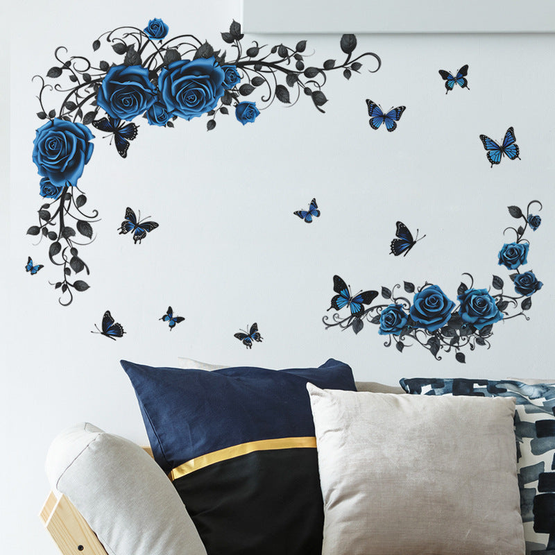 COVPAW Wall Stickers Flower Blue Rose Vine Butterfly Nature Living Room Children's Room Bedroom Deco, Self Adhesive, Removable and Waterproof