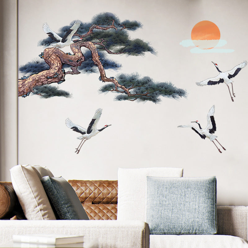 COVPAW Wall Stickers Crane and Pine Tree Sun Chinese Style Mural Wall Painting Home Office Wall Decor Living Room Bedroom Children's Room Decoration Halloween Self Adhesive