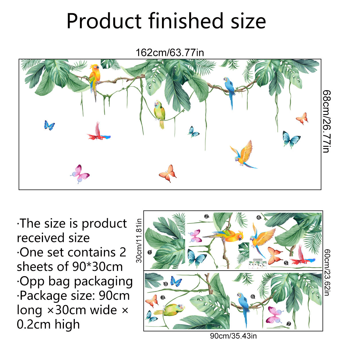 COVPAW Wall Stickers Tropical Plants Jungle Green Vine Butterfly Parrot Bird Home Decor Nature Living Room Children's Room Bedroom Deco, Self Adhesive, Removable and Waterproof