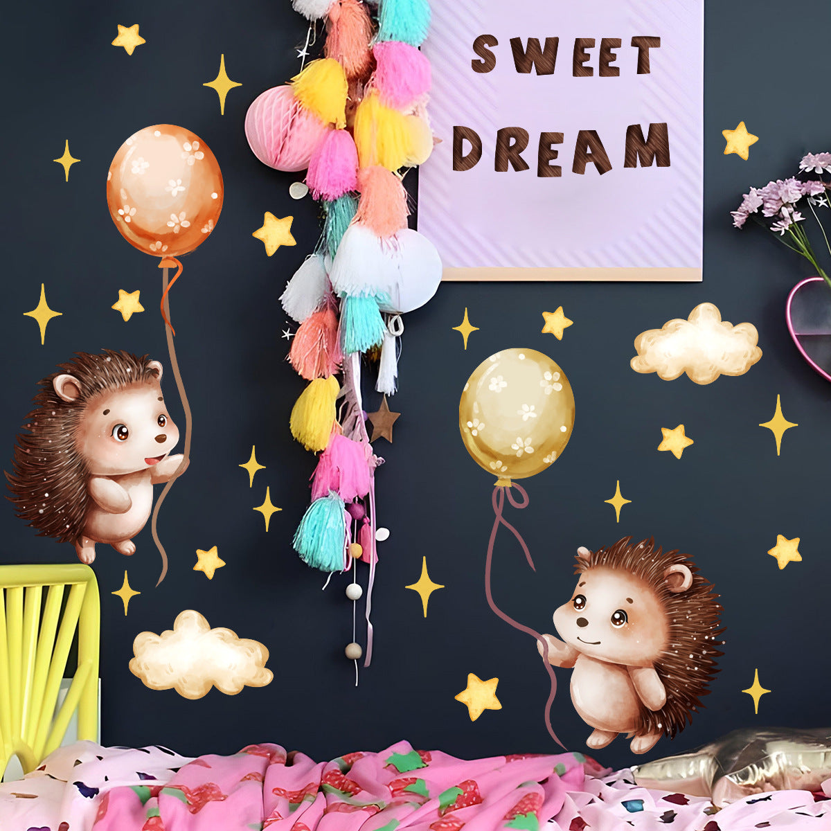 Wall Stickers Hedgehog Balloons Kids Nursery Baby Children's Room Bedroom etc Deco Boy Girl Removable Waterproof