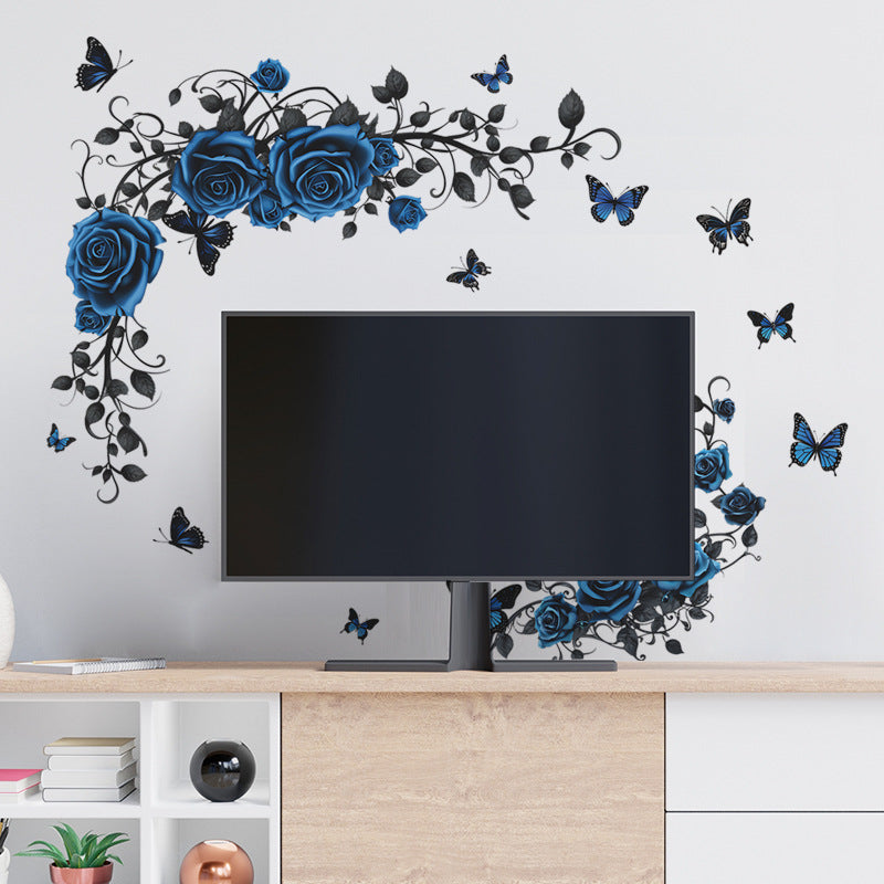 COVPAW Wall Stickers Flower Blue Rose Vine Butterfly Nature Living Room Children's Room Bedroom Deco, Self Adhesive, Removable and Waterproof