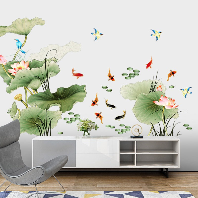 COVPAW Huge Wall Stickers Lotus Pond Fish Flower Pink Purple Home Decor Lobby All Room Decal Removable Living Room Bedroom Corridor Stair