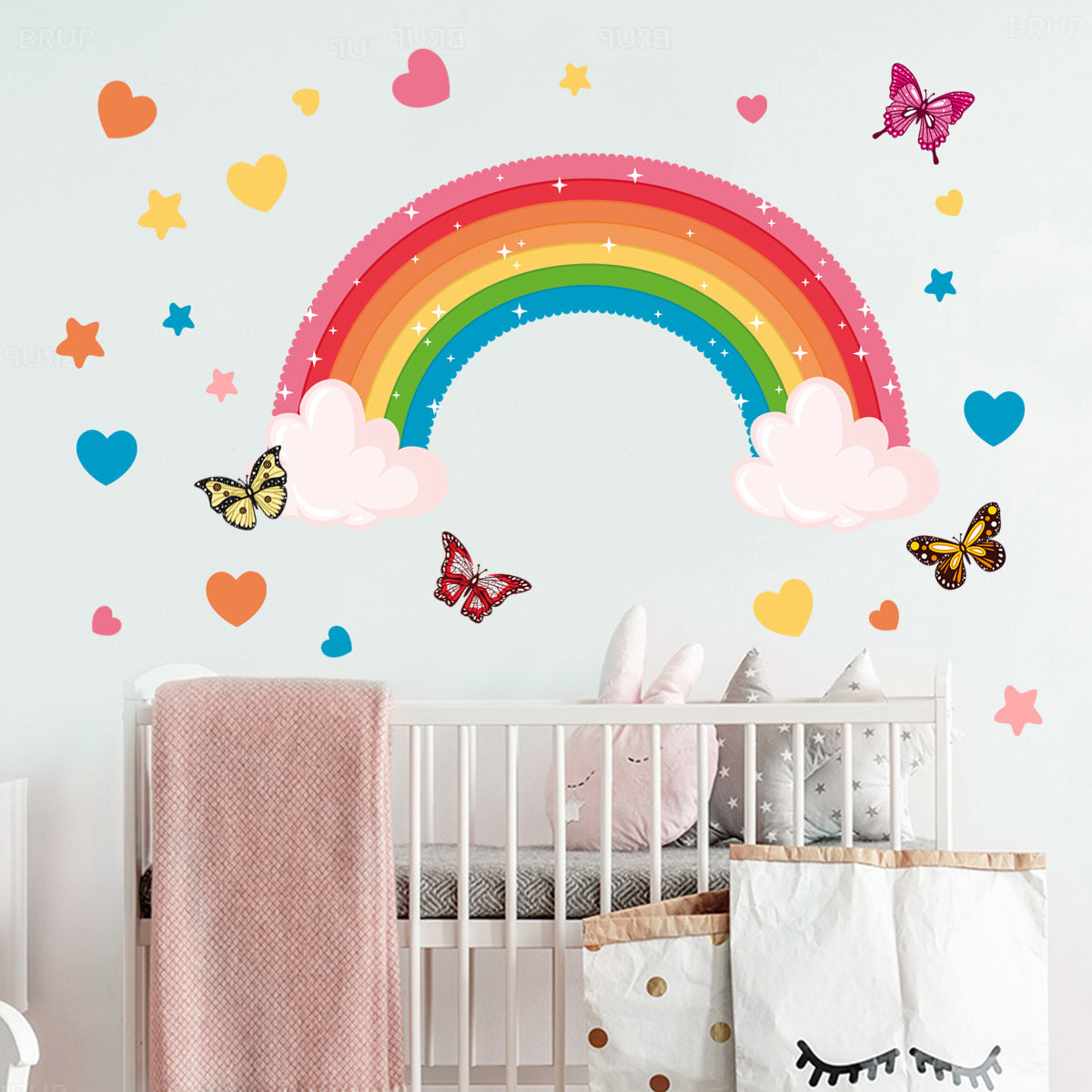 COVPAW Wall Stickers Rainbow Butterflies Heart Kids Nursery Baby Children's Room Bedroom Deco Boy Girl, Mural Wall Paintings