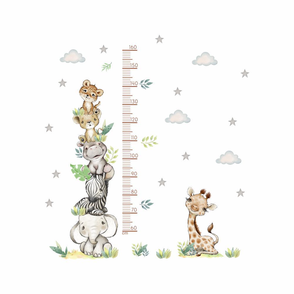 COVPAW Wall Stickers Height Measure Animal Tower Cloud Kids Nursery Baby Children's Room Bedroom Deco Boy Girl, Self Adhesive, Removable and Waterproof Giraffes, Elephants, Lions, Hippos, Zebras