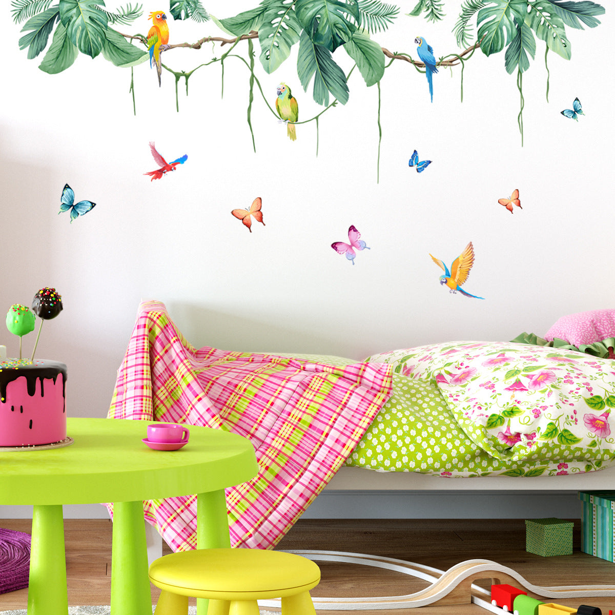 COVPAW Wall Stickers Tropical Plants Jungle Green Vine Butterfly Parrot Bird Home Decor Nature Living Room Children's Room Bedroom Deco, Self Adhesive, Removable and Waterproof