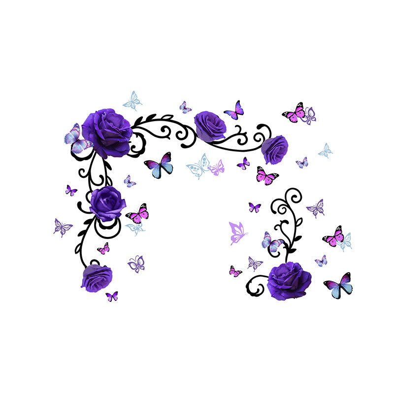 COVPAW Wandtattoo Wandaufkleber, lila Rose, Blumenranke, Schmetterling, Heimdekoration, Natur, Wohnzimmer, Kinderzimmer, Schlafzimmer, Deko, selbstklebend, entfernbar und wasserfest