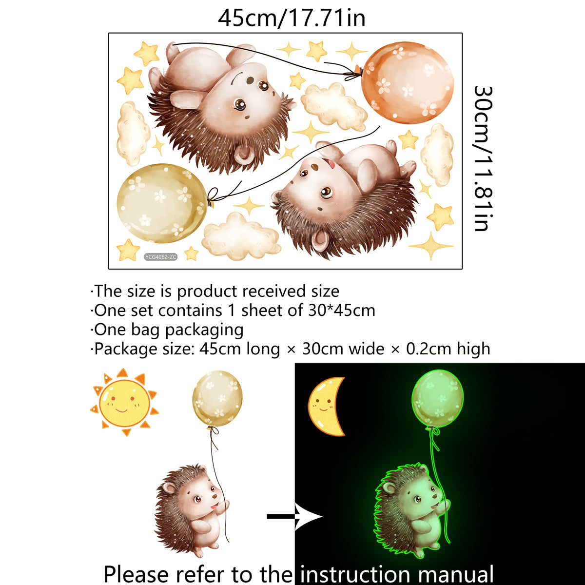 COVPAW Wall Stickers Luminous Hedgehog Balloons Kids Nursery Baby Children's Room Bedroom etc Deco Boy Girl Removable Waterproof