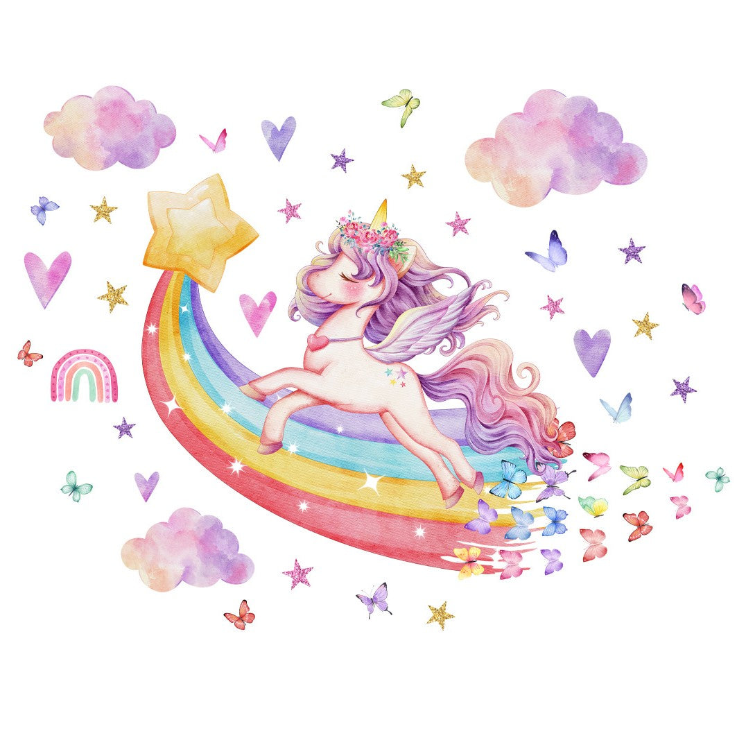 COVPAW Wall Stickers Unicorn Rainbow Butterflies Heart Cloud Kids Nursery Baby Children's Room Bedroom Deco Boy Girl, Mural Wall Paintings