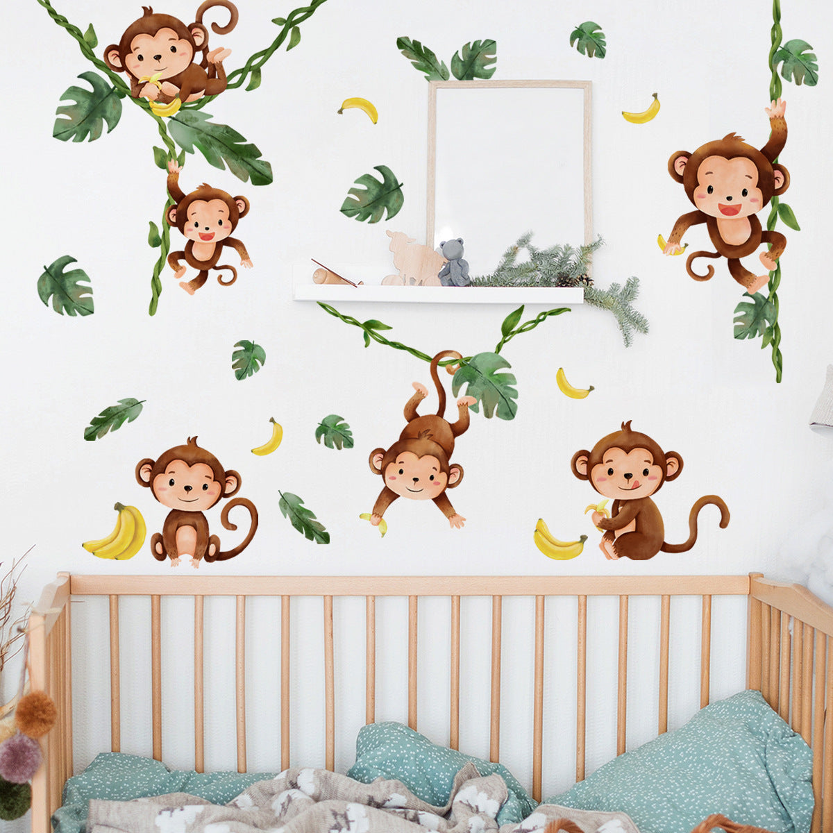 COVPAW Wall Stickers Monkeys Tree Vines Kids Nursery Baby Children's Room Bedroom Deco Boy Girl, Self Adhesive, Removable and Waterproof