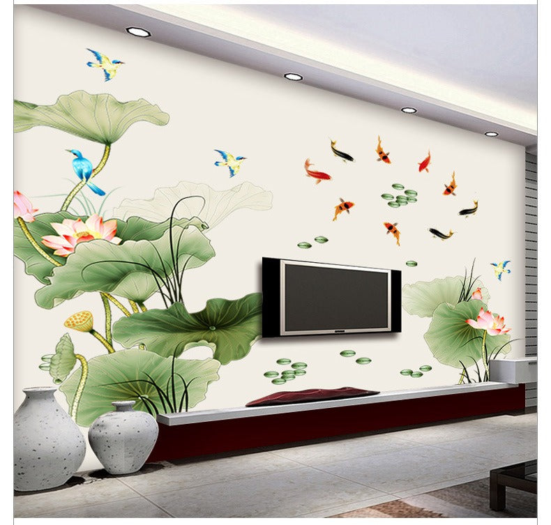 COVPAW Huge Wall Stickers Lotus Pond Fish Flower Pink Purple Home Decor Lobby All Room Decal Removable Living Room Bedroom Corridor Stair