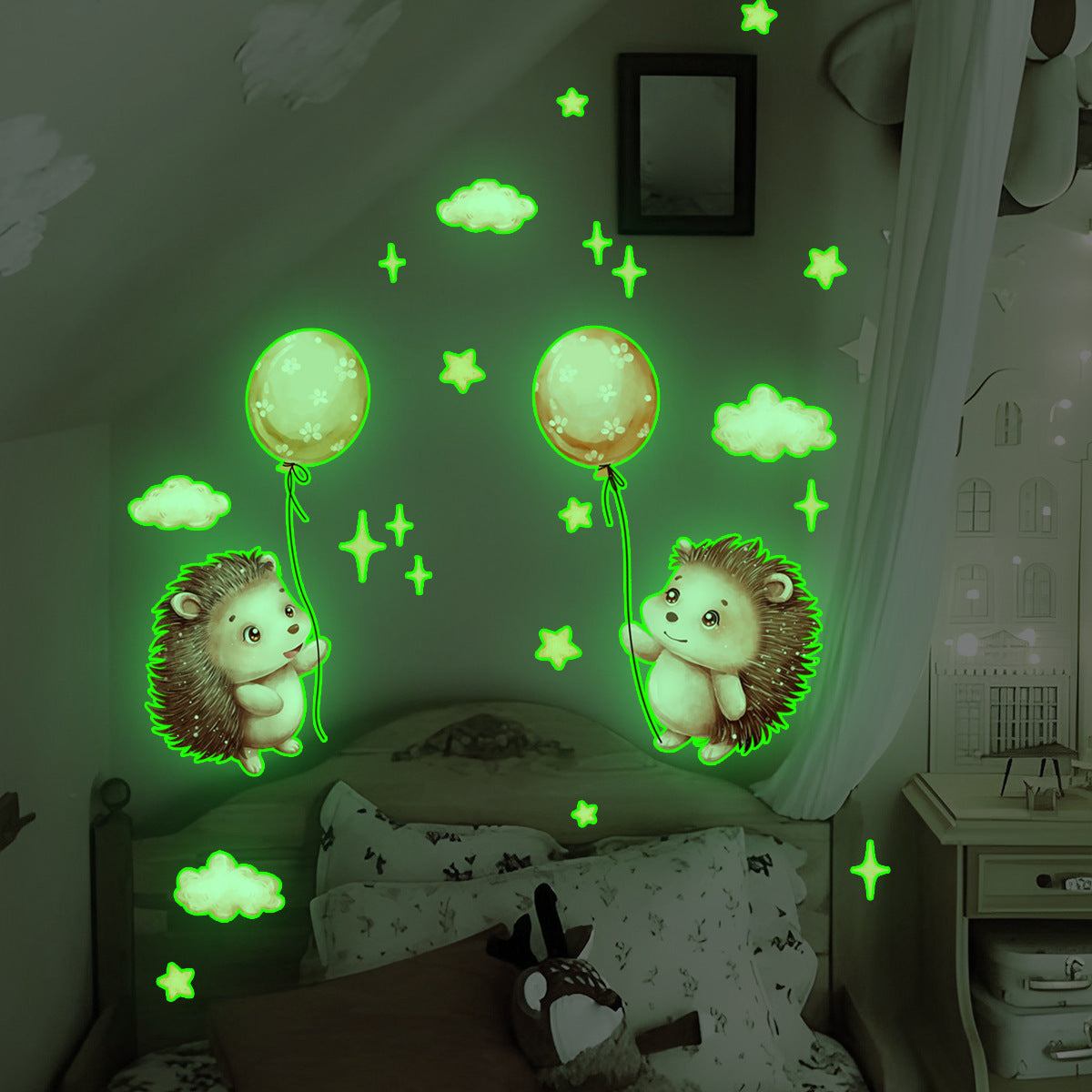 COVPAW Wall Stickers Luminous Hedgehog Balloons Kids Nursery Baby Children's Room Bedroom etc Deco Boy Girl Removable Waterproof