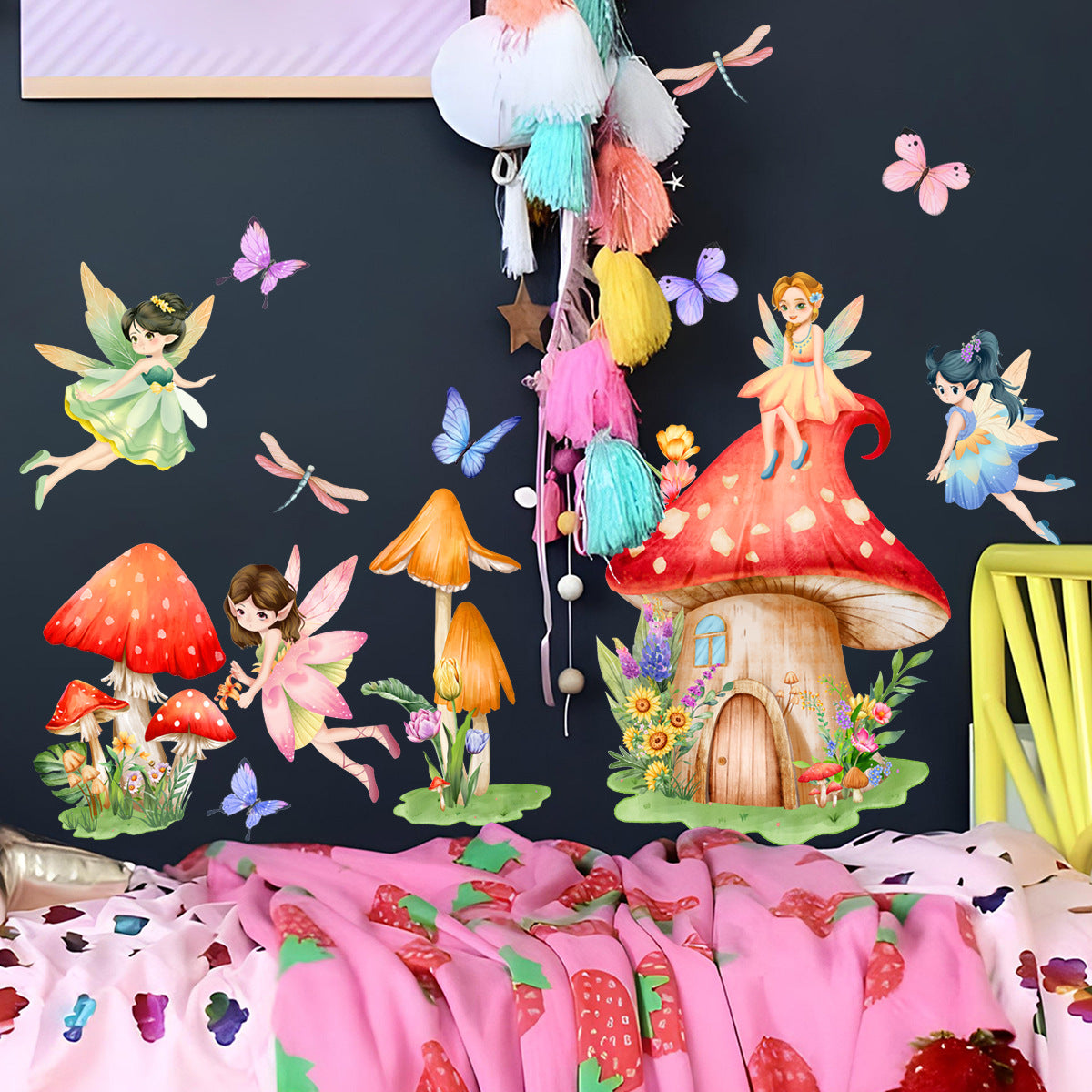 COVPAW Wandtattoo Wandaufkleber Pilz Elfe Engel Schmetterling Kinderzimmer Baby Kinderzimmer Schlafzimmer Deko Junge Mädchen, selbstklebend, entfernbar und wasserfest