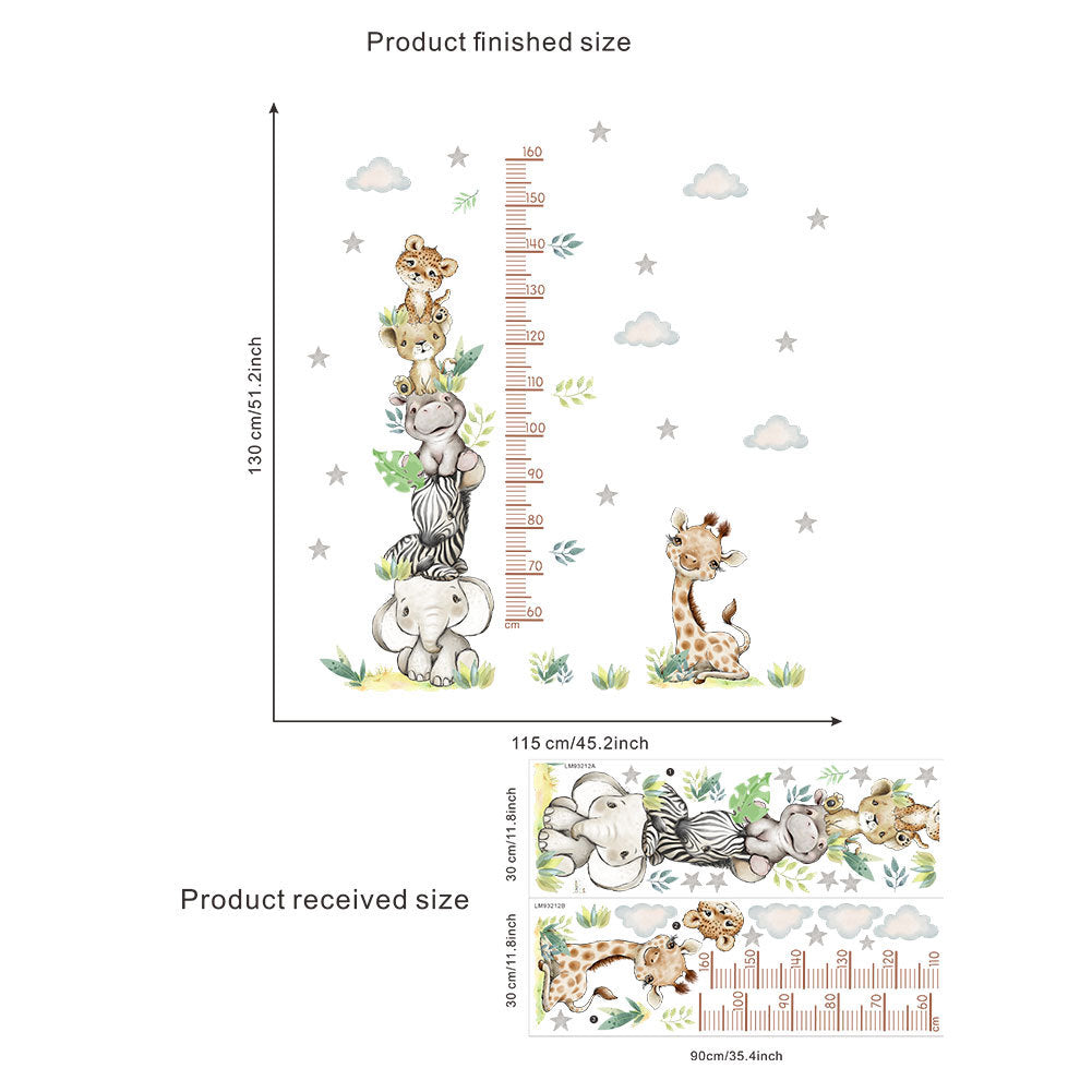 COVPAW Wall Stickers Height Measure Animal Tower Cloud Kids Nursery Baby Children's Room Bedroom Deco Boy Girl, Self Adhesive, Removable and Waterproof Giraffes, Elephants, Lions, Hippos, Zebras