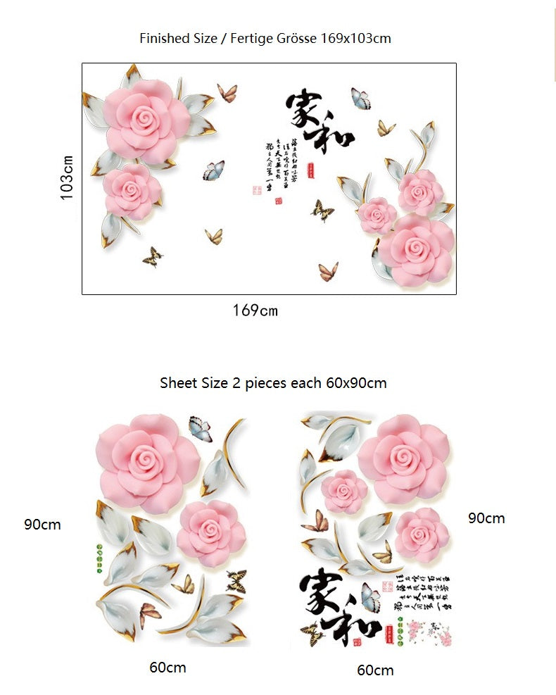 COVPAW Wall Sticker & Mural Rose Vine Pink Home Decor Accent Living Room Bedroom Flower Wall Decal Corridor Stair Removable