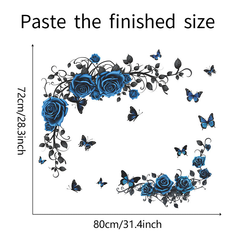 COVPAW Wall Stickers Flower Blue Rose Vine Butterfly Nature Living Room Children's Room Bedroom Deco, Self Adhesive, Removable and Waterproof