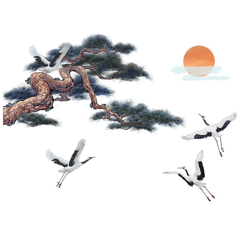 COVPAW Wall Stickers Crane and Pine Tree Sun Chinese Style Mural Wall Painting Home Office Wall Decor Living Room Bedroom Children's Room Decoration Halloween Self Adhesive