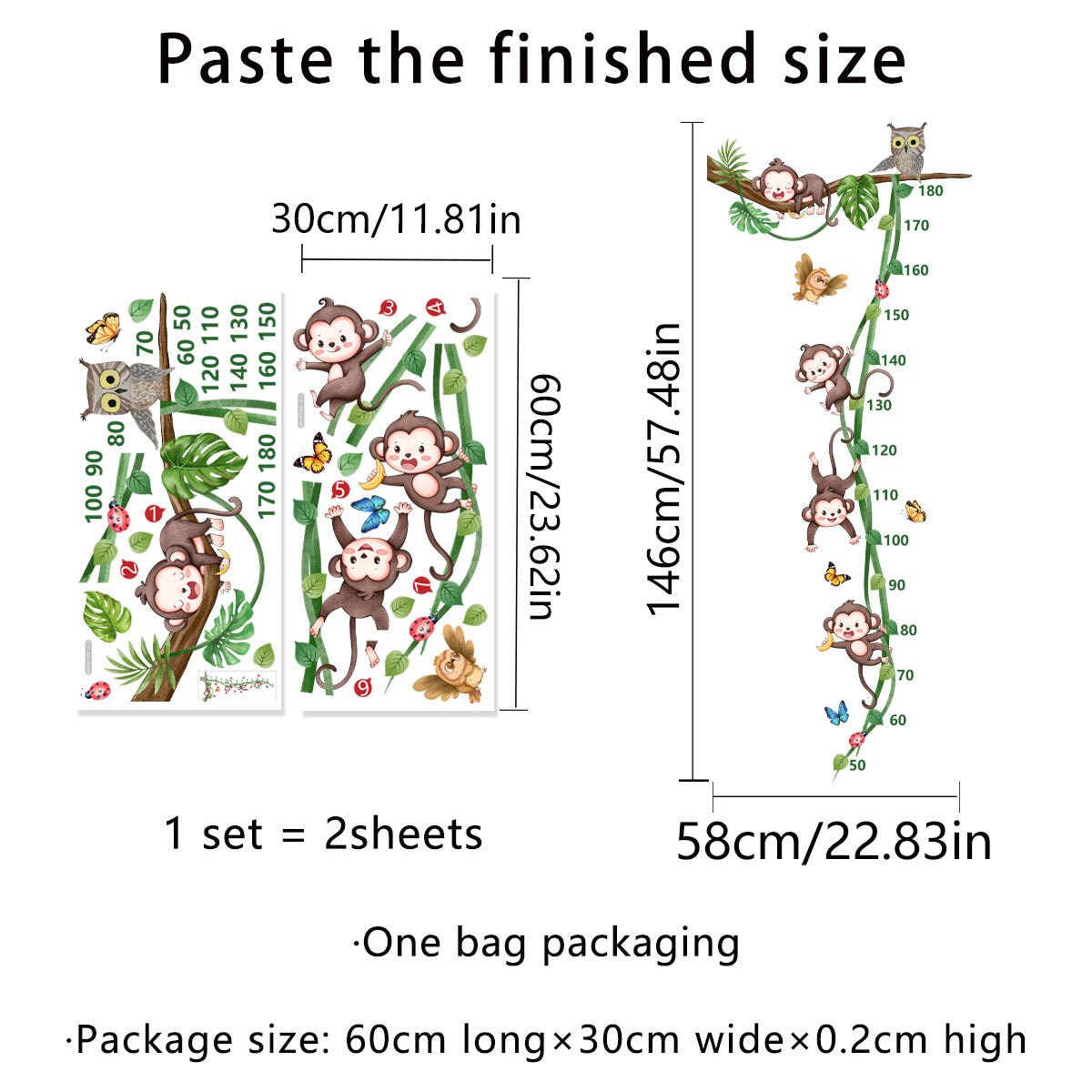 COVPAW Wall Stickers Height Measure Monkeys Tree Vine Kids Nursery Baby Children's Room Bedroom Deco Boy Girl, Self Adhesive, Removable and Waterproof