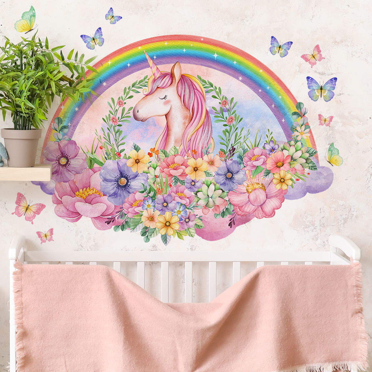 COVPAW Wall Stickers Unicorn Rainbow Butterflies FLowers Kids Nursery Baby Children's Room Bedroom Deco Boy Girl, Mural Wall Paintings