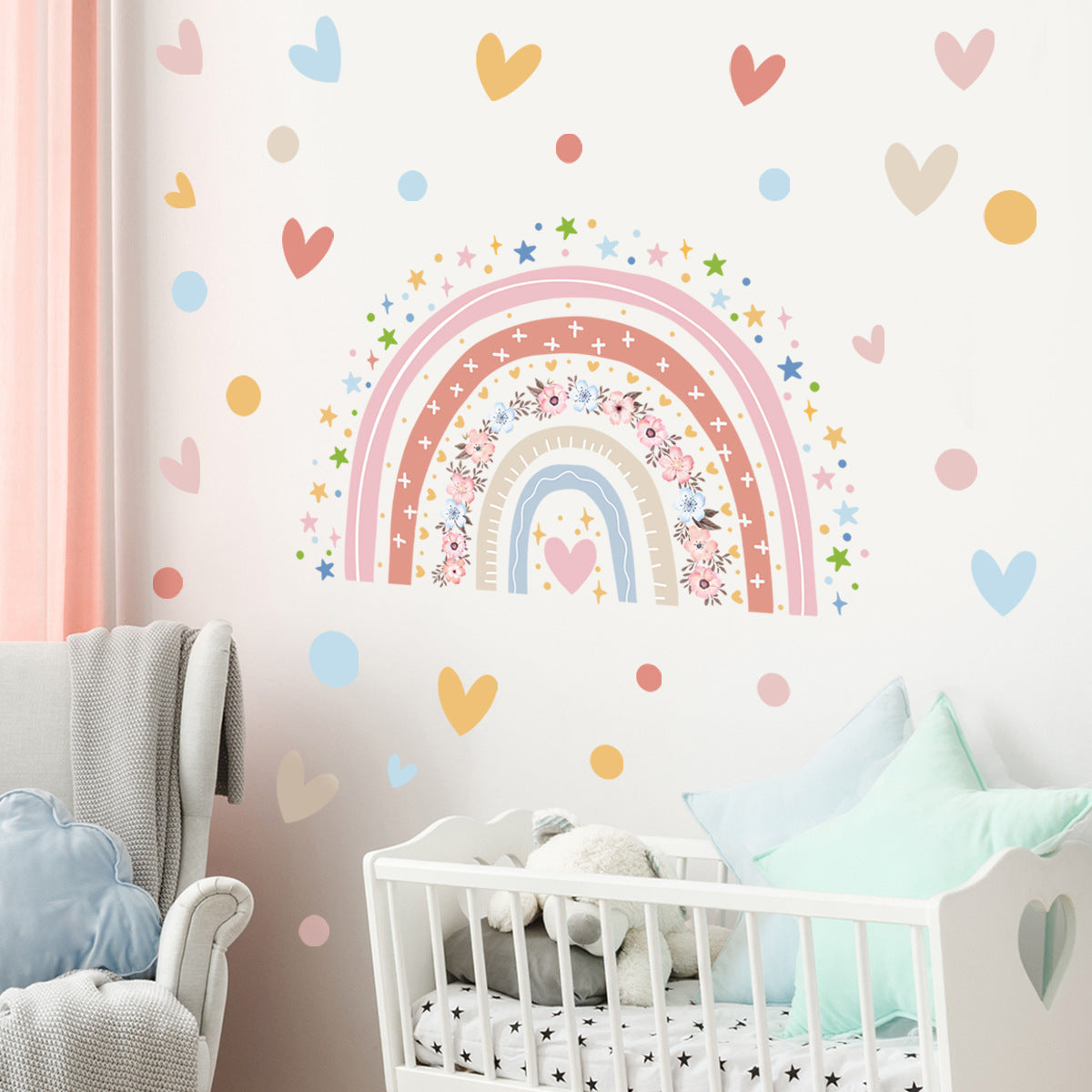 COVPAW Wall Stickers Rainbow Heart Kids Nursery Baby Children's Room Bedroom Deco Boy Girl, Mural Wall Paintings
