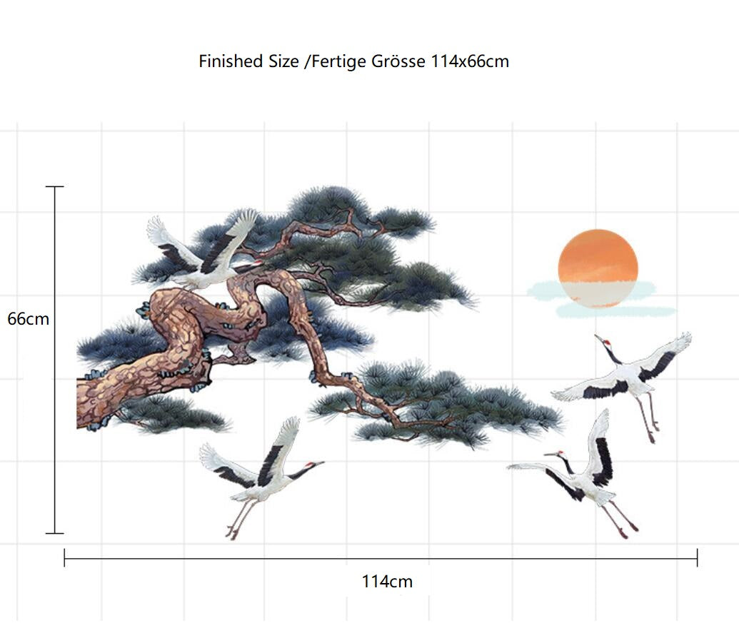 COVPAW Wall Stickers Crane and Pine Tree Sun Chinese Style Mural Wall Painting Home Office Wall Decor Living Room Bedroom Children's Room Decoration Halloween Self Adhesive