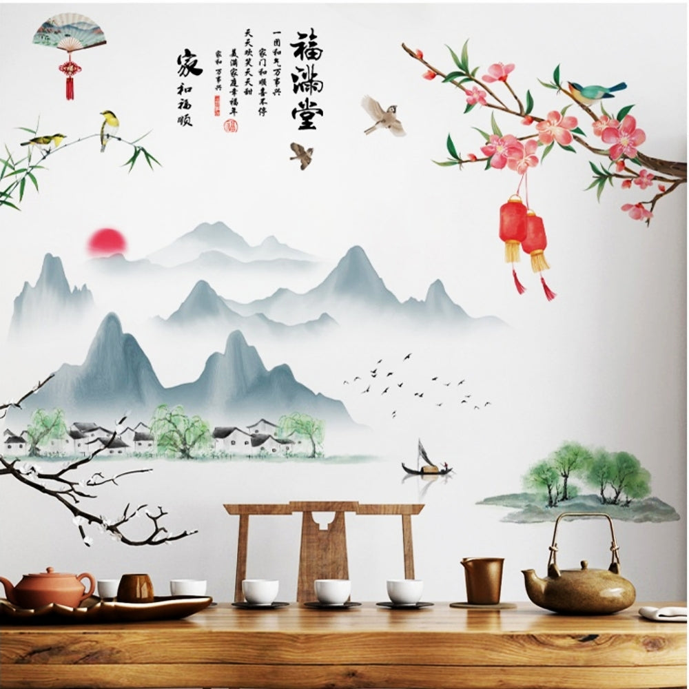 COVPAW Wall Sticker & Mural Chinese Style Landscape Mountain Lake Peach Blossom Home Decor Accent Living Room Bedroom Flower Wall Decal Corridor Stair Removable and Waterproof