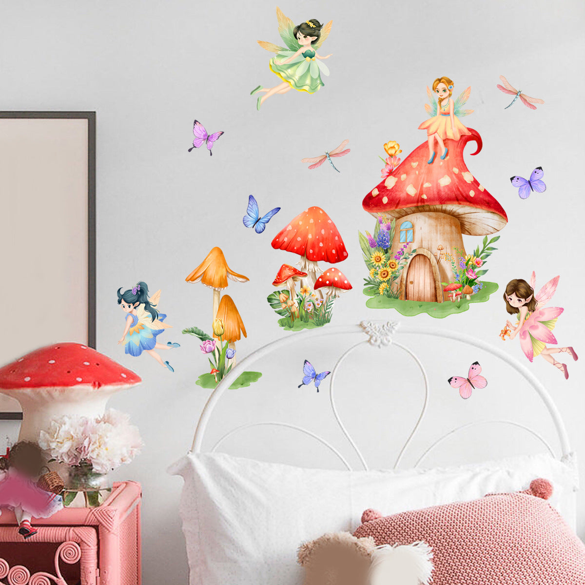 COVPAW Wandtattoo Wandaufkleber Pilz Elfe Engel Schmetterling Kinderzimmer Baby Kinderzimmer Schlafzimmer Deko Junge Mädchen, selbstklebend, entfernbar und wasserfest