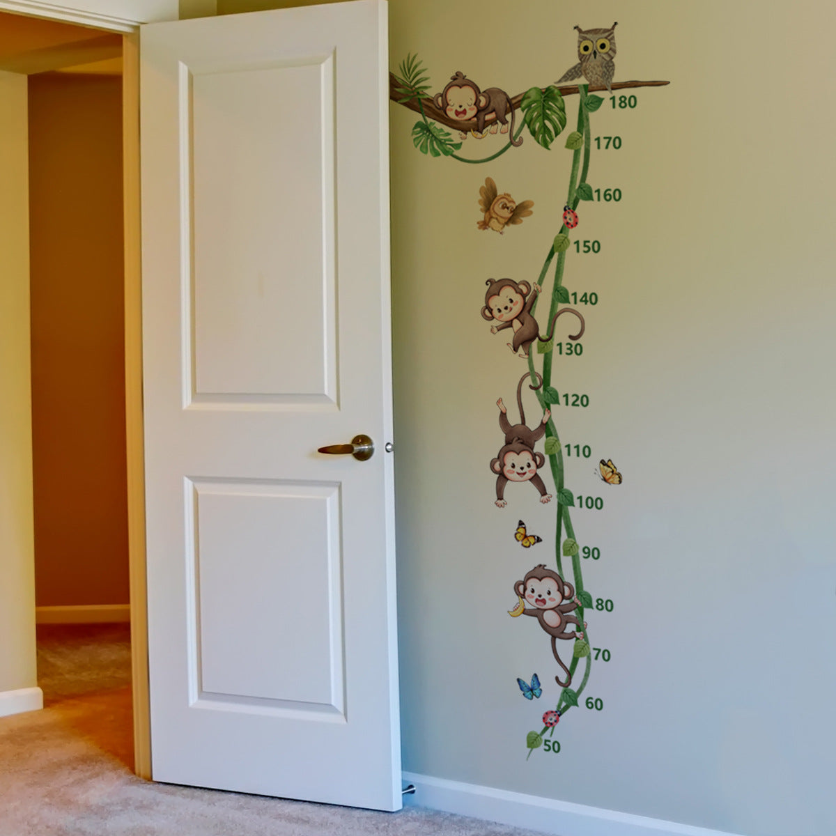 COVPAW Wall Stickers Height Measure Monkeys Tree Vine Kids Nursery Baby Children's Room Bedroom Deco Boy Girl, Self Adhesive, Removable and Waterproof