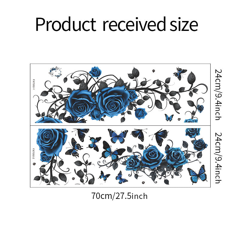 COVPAW Wall Stickers Flower Blue Rose Vine Butterfly Nature Living Room Children's Room Bedroom Deco, Self Adhesive, Removable and Waterproof