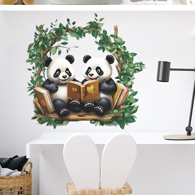 COVPAW Wall Stickers 2 Pandas read Book Kids Nursery Baby Children's Room Bedroom etc Deco Boy Girl Removable Waterproof