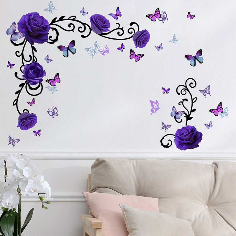 COVPAW Wandtattoo Wandaufkleber, lila Rose, Blumenranke, Schmetterling, Heimdekoration, Natur, Wohnzimmer, Kinderzimmer, Schlafzimmer, Deko, selbstklebend, entfernbar und wasserfest