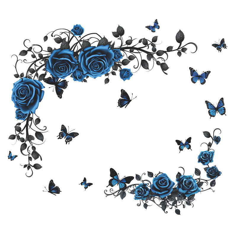 COVPAW Wall Stickers Flower Blue Rose Vine Butterfly Nature Living Room Children's Room Bedroom Deco, Self Adhesive, Removable and Waterproof