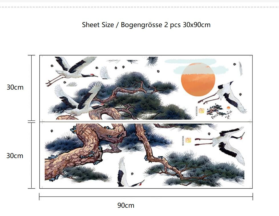 COVPAW Wall Stickers Crane and Pine Tree Sun Chinese Style Mural Wall Painting Home Office Wall Decor Living Room Bedroom Children's Room Decoration Halloween Self Adhesive