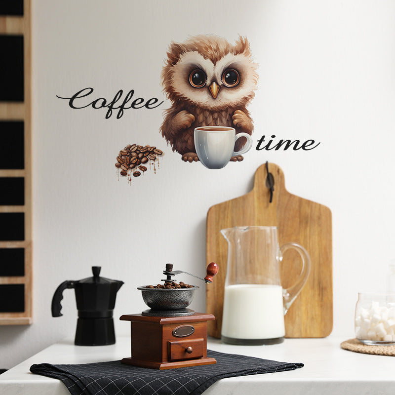 COVPAW Wandtattoo Wandaufkleber „Kaffee-EULE“, Café, Kaffeezeit, Kaffeebohne, Cappuccino, Latte Macchiato, Espresso, Geschenk, Heimdekoration, Akzent, Wohnzimmer, Küche, Schlafzimmer, Blumen-Wandaufkleber, abnehmbar und wasserfest