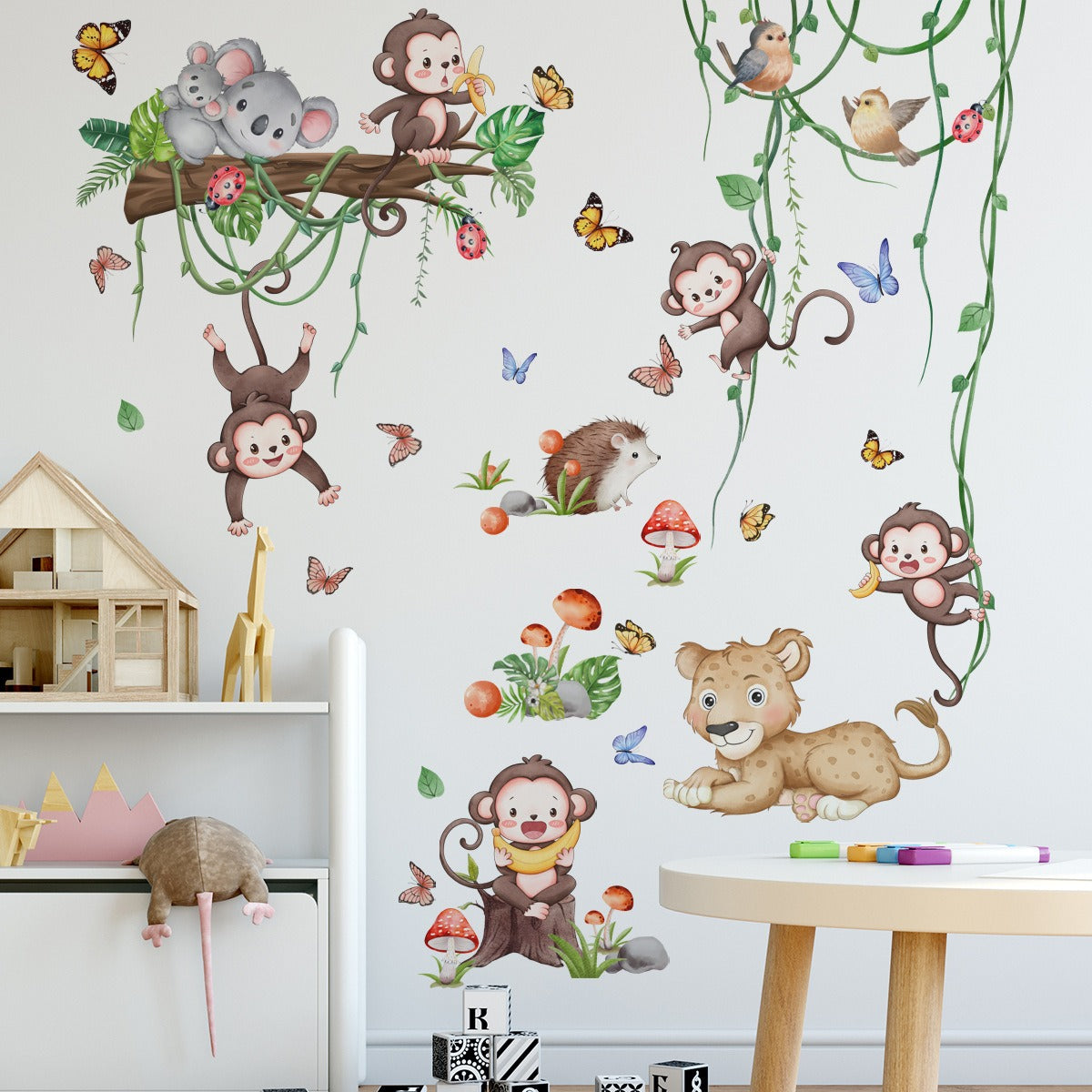 COVPAW Wall Stickers Monkey Animals Tree Vine Kids Nursery Baby Children's Room Bedroom Deco Boy Girl, Self Adhesive, Removable and Waterproof