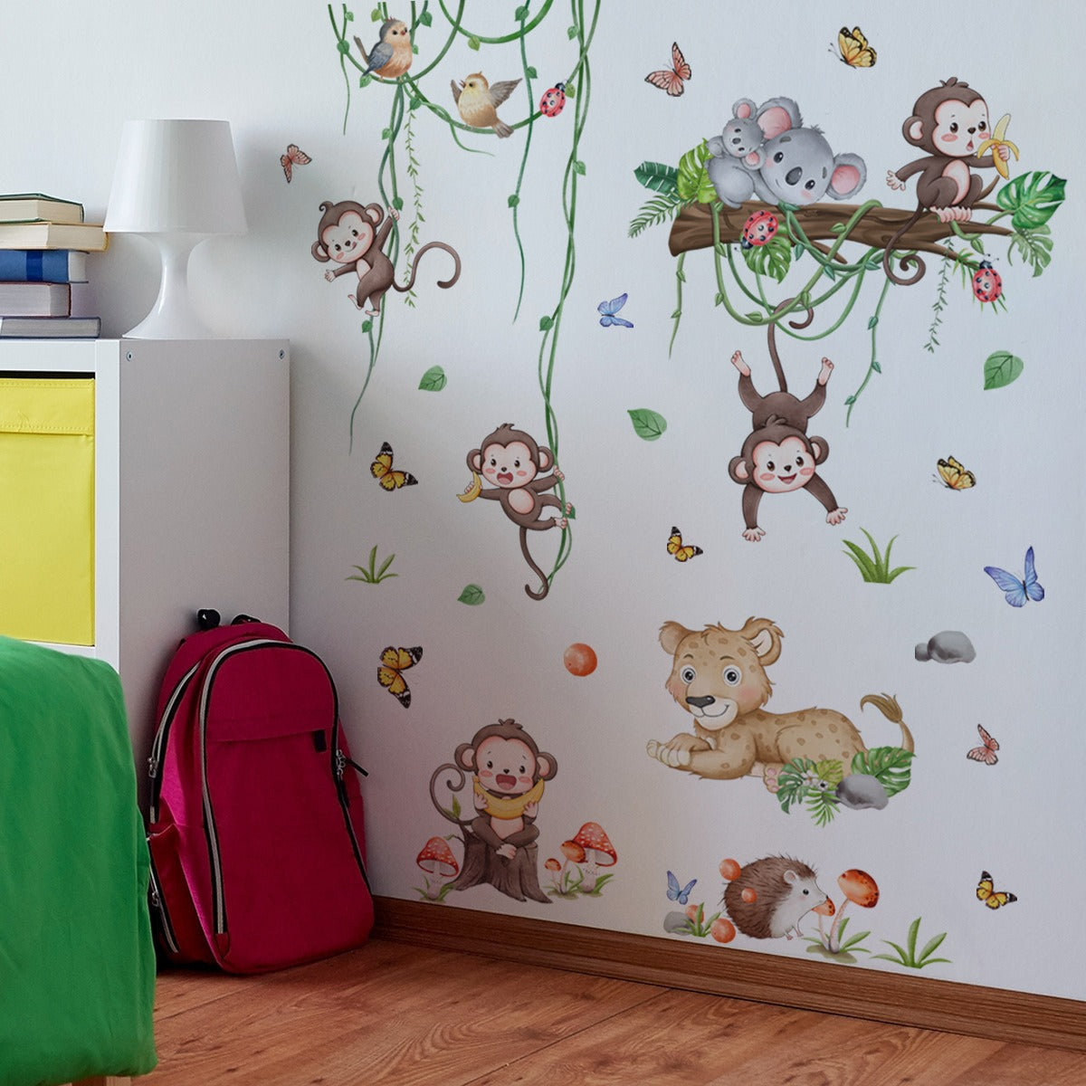 COVPAW Wall Stickers Monkey Animals Tree Vine Kids Nursery Baby Children's Room Bedroom Deco Boy Girl, Self Adhesive, Removable and Waterproof