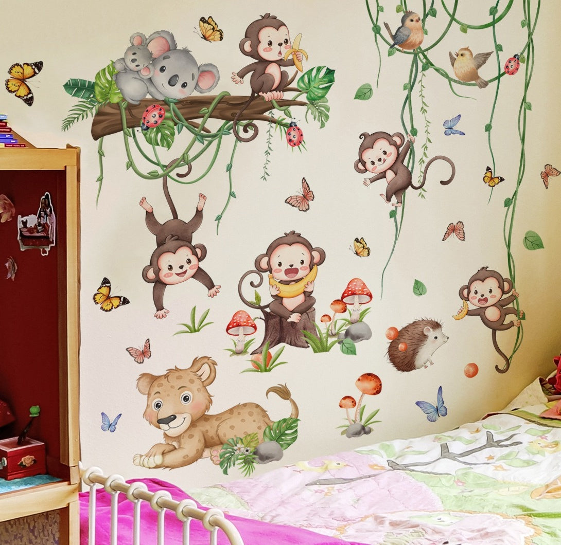 COVPAW Wall Stickers Monkey Animals Tree Vine Kids Nursery Baby Children's Room Bedroom Deco Boy Girl, Self Adhesive, Removable and Waterproof