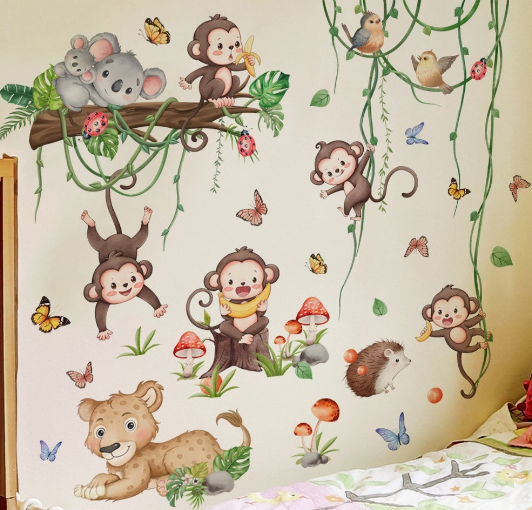 COVPAW Wall Stickers Monkey Animals Tree Vine Kids Nursery Baby Children's Room Bedroom Deco Boy Girl, Self Adhesive, Removable and Waterproof
