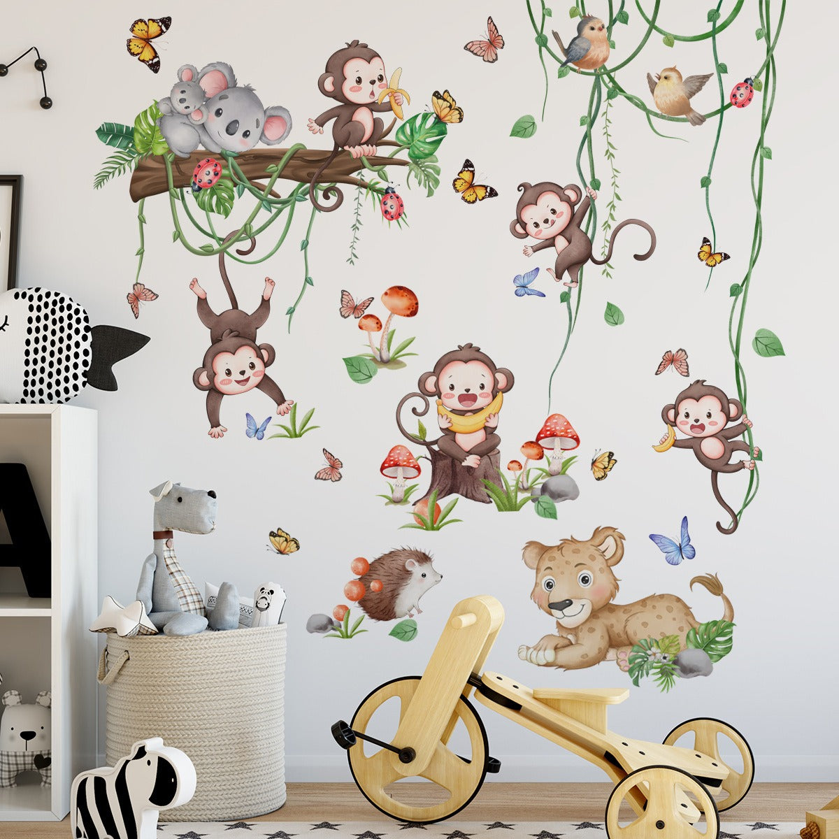 COVPAW Wall Stickers Monkey Animals Tree Vine Kids Nursery Baby Children's Room Bedroom Deco Boy Girl, Self Adhesive, Removable and Waterproof