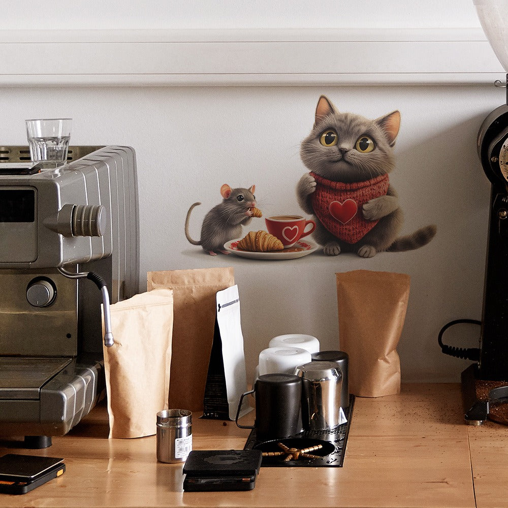 COVPAW Wall Stickers Mouse Cat Coffee Home Decor Living Room Kitchen Bedroom Children's Room Decoration, Self Adhesive, Removable and Waterproof