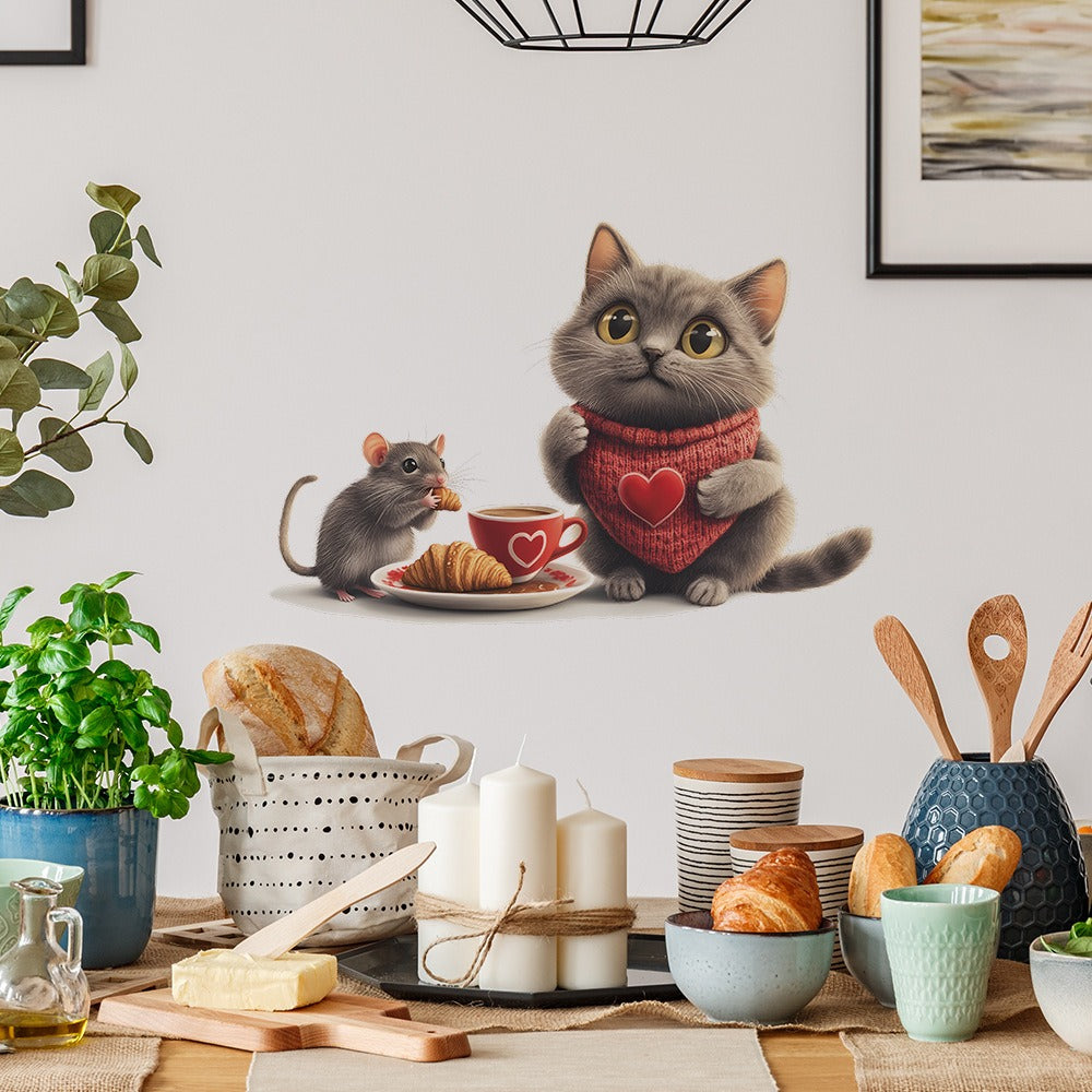 COVPAW Wall Stickers Mouse Cat Coffee Home Decor Living Room Kitchen Bedroom Children's Room Decoration, Self Adhesive, Removable and Waterproof
