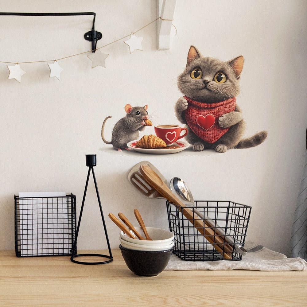 COVPAW Wall Stickers Mouse Cat Coffee Home Decor Living Room Kitchen Bedroom Children's Room Decoration, Self Adhesive, Removable and Waterproof