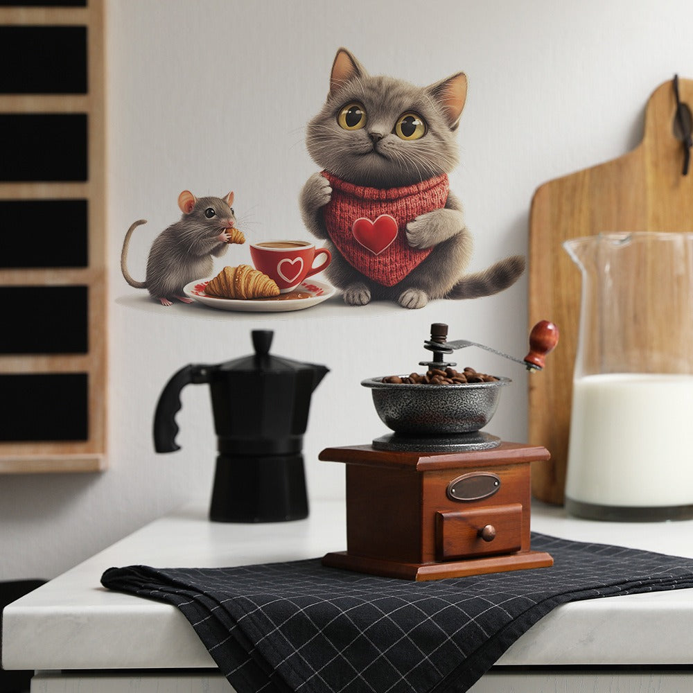 COVPAW Wall Stickers Mouse Cat Coffee Home Decor Living Room Kitchen Bedroom Children's Room Decoration, Self Adhesive, Removable and Waterproof